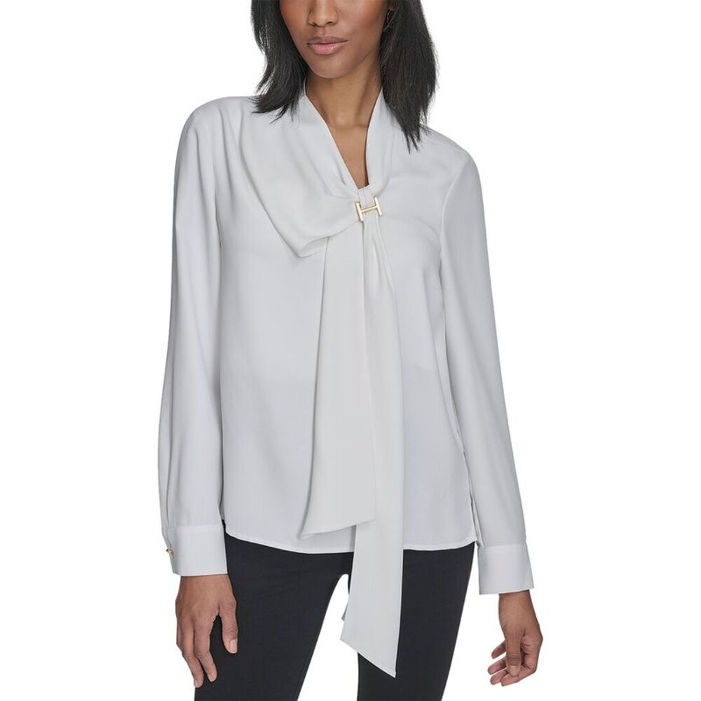 Halston Womens  Neck Tie Blouse, White